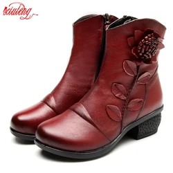 Women Boots Shoes Woman Handmade Vintage Genuine Leather Low-Heeled Shoe Round Toe High Quqlity Shoes Winter Fashion Shoes Women