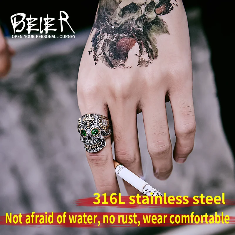 Beier 316L Stainless Steel gem ring Cross skull biker men Ring hot sale Man\'s fashion jewelry LLBR8-327R