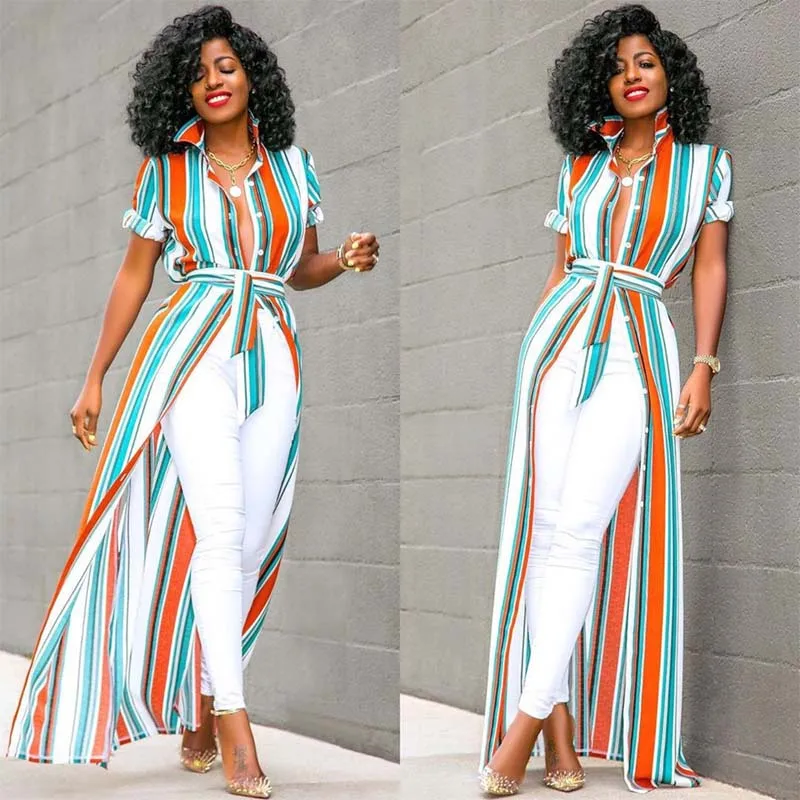 African Clothes Casual Multicolor Striped Printed Long Maxi Shirt Women Turn-down Collar Button Belt Blouse Robe Boho Beach Femm