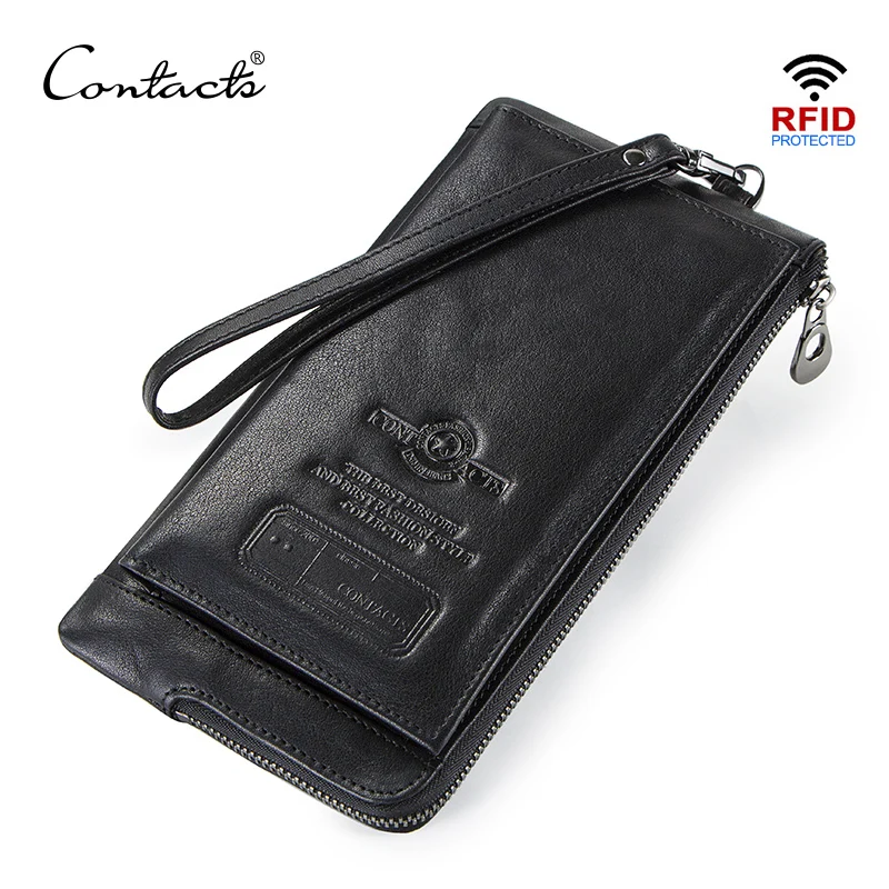 

CONTACT'S Clutch Wallet for Men Genuine Leather RFID Zip Purse Phone Card Holders Long Male Walet Hasp Coin Pocket Men's Cuzdan