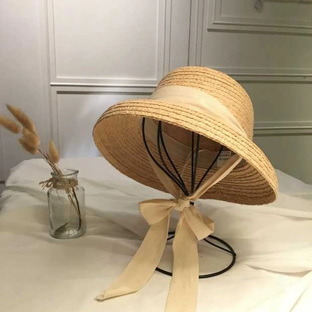 New fashion women\' Summer sun hat Handmade Raffia cap Visor Ribbon hat Wide side Travel vacation Beach hat Elegant lady seaside