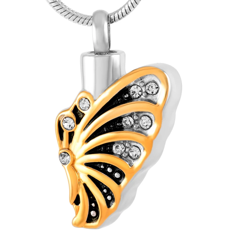 IJD9215 Clear rhinestone inaly stainless steel Butterfly cremation urn necklace for ash,Elegant design funeral keepsake jewelry