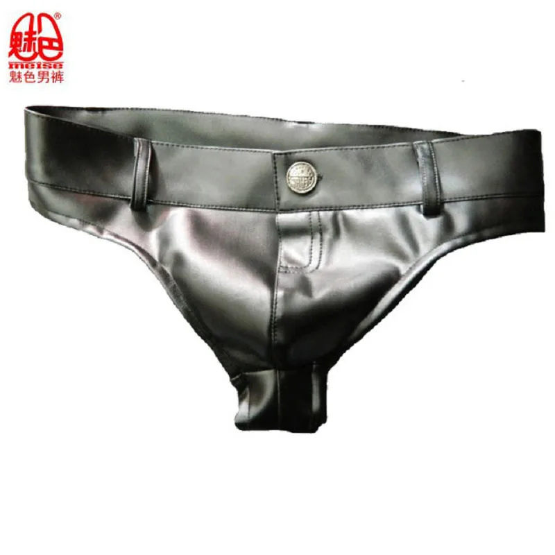 

MEISE Men's Wear Brand Black Fad Men Underwear Dew Buttocks Briefs Hiphuggers Waist Protection Shaping PU Faux Leather Briefs