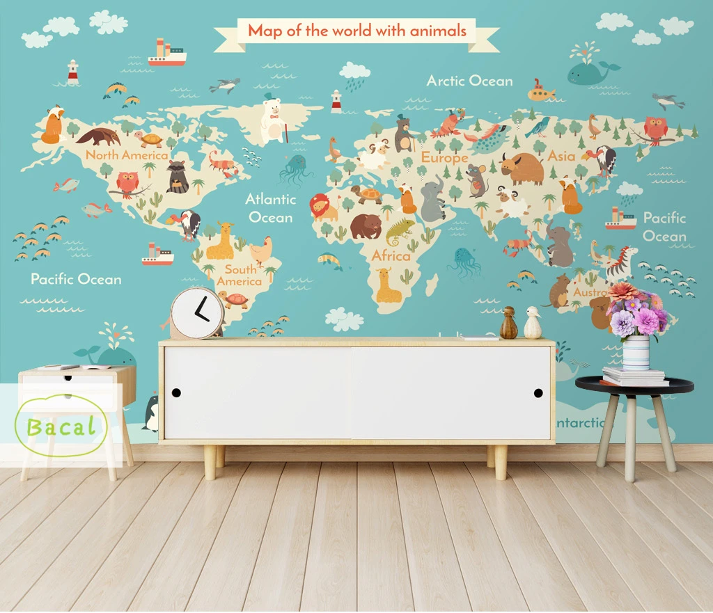 

Bacal Custom Children Room Wall 3d Wallpaper Cartoon Airplane Sailing Animals World Map Background Wall papier peint 3D mural