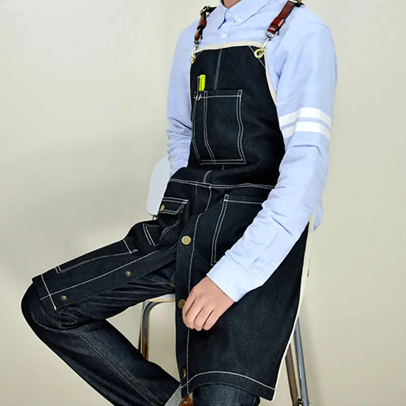 Black Denim Apron Cross-back Cowhide Leather Strap Barber Florist Carpenter Artist Workwear Barista Bartender Pastry Uniform K70