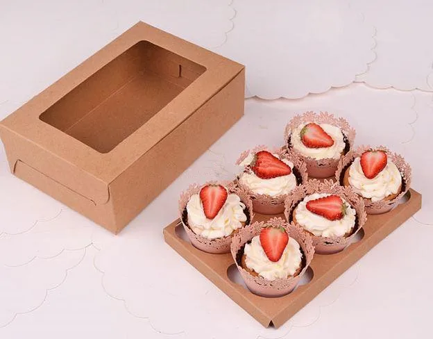 20pcs/lot-24*16*7.5cm White kraft paper 6 cupcake boxes DIY party gift box cookies snack candy box Baking packing boxes