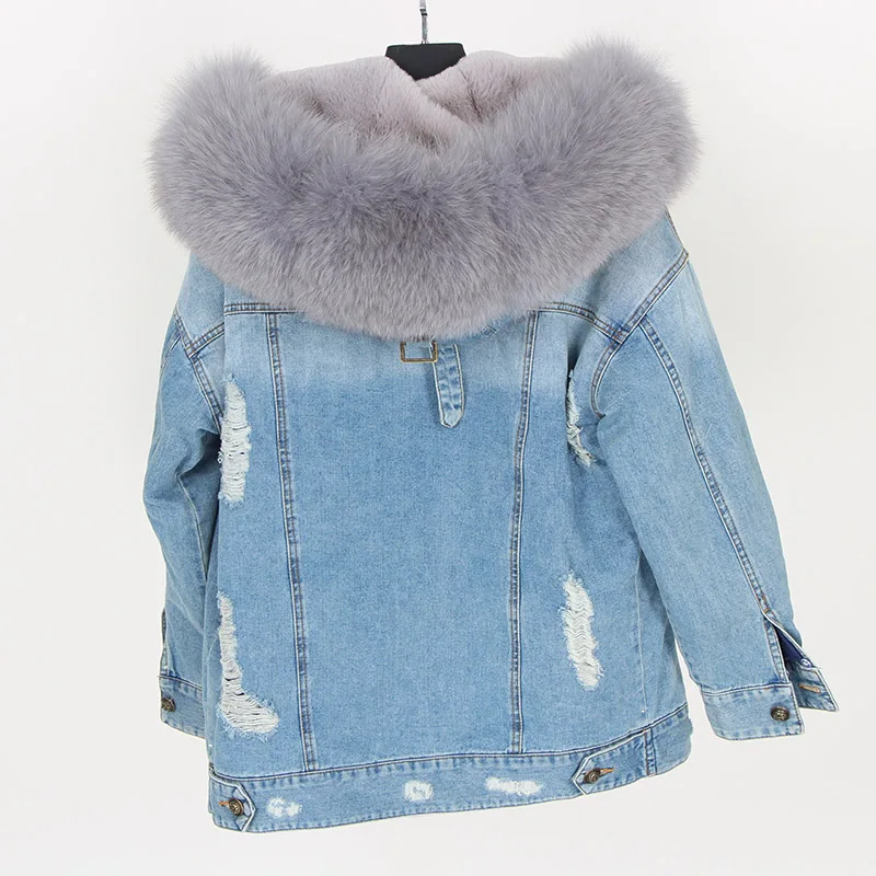 Maomaokong Faux FUR เรียงราย DENIM แจ็คเก็ต Fox FUR Coat เสื้อแฟชั่น DENIM Fox FUR WARM Lady ฤดูหนาวแจ็คเก็ตผู้หญิง Parka