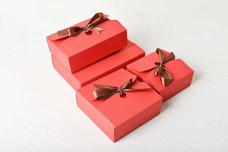 4 Size Red Paper Box With Ribbon Cookies Cake Box Candy Chocolate Box Gift Box 100pcs/lot Free shipping