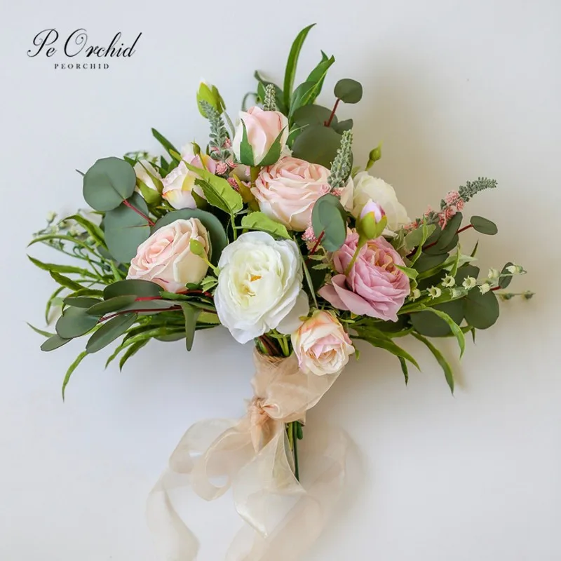 

PEORCHID Romantic Garden Wedding Bridal Bouquet Roses Colorful White Pink Purple Green Bouquet Artificial Flowers Gelin Buketi