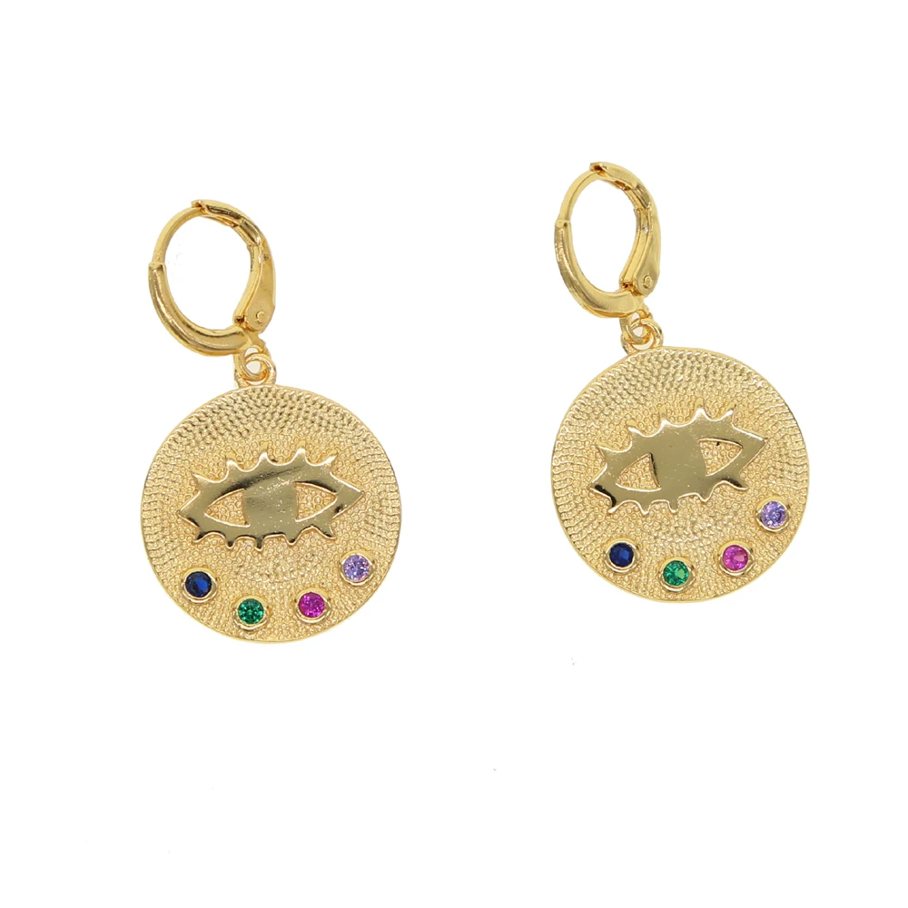 Geometric coin gold color earring for women rainbow cz engraved evil eye lucky symbol dangling earrings