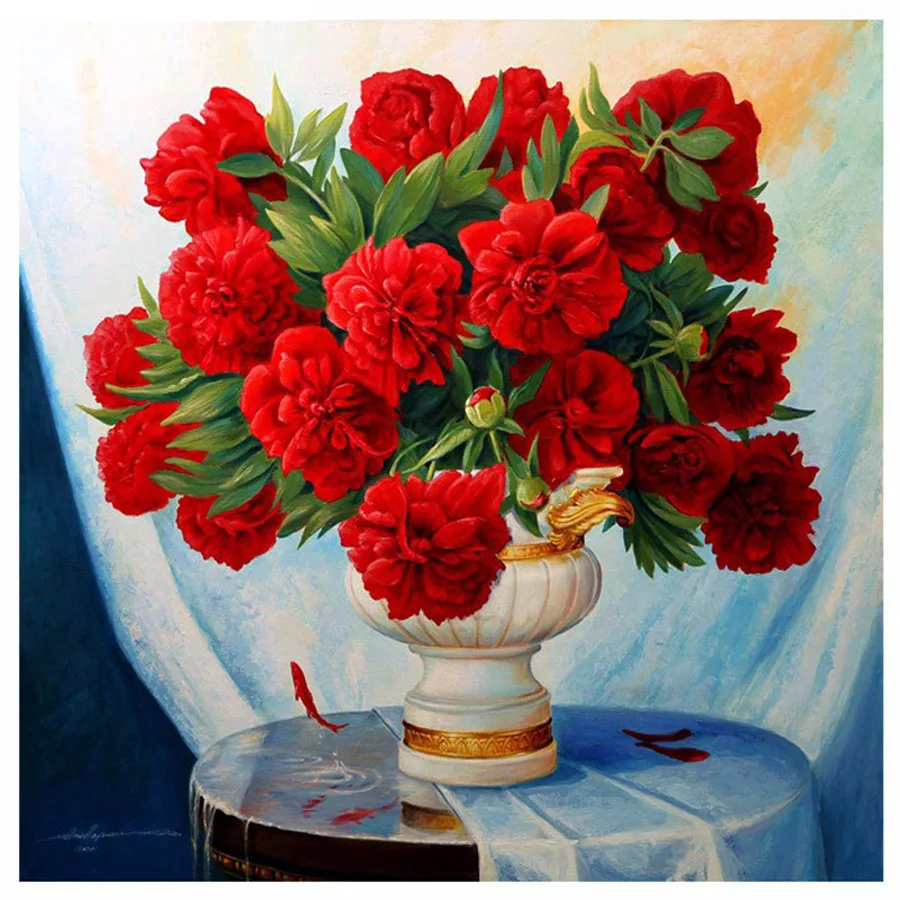 5D DIY Diamond Painting Flower Cross Stitch Red Flower Vase Diamond Stick Drill Drawing Rhinestone 3D Full Diamond Embroidery