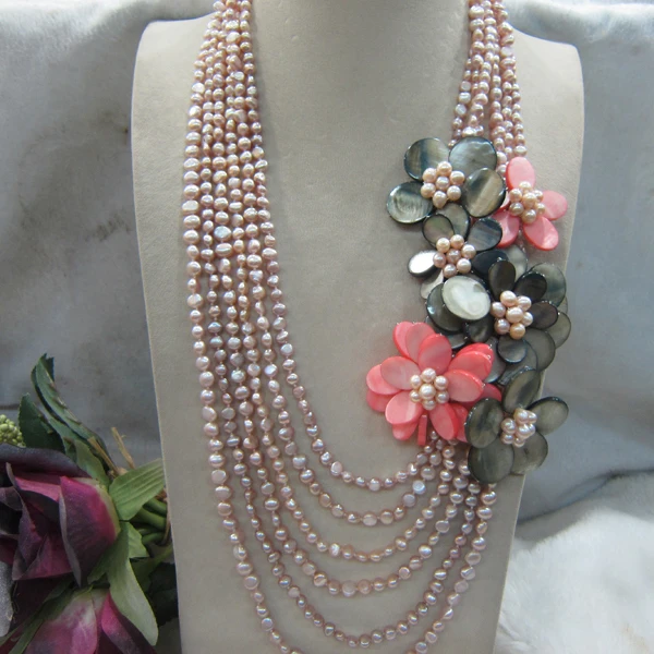 2015 new arrival natural Pink Freshwater baroque pearl and gray shell flower Wrap necklace