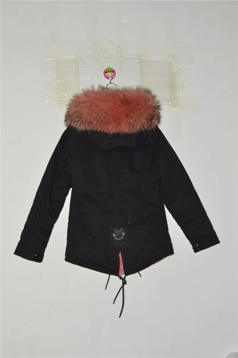 Black Short Cotton Parka Watermelon Red Faux Fur Lined Overcoat With Raccoon Fur Collar Ladies Women Jacket