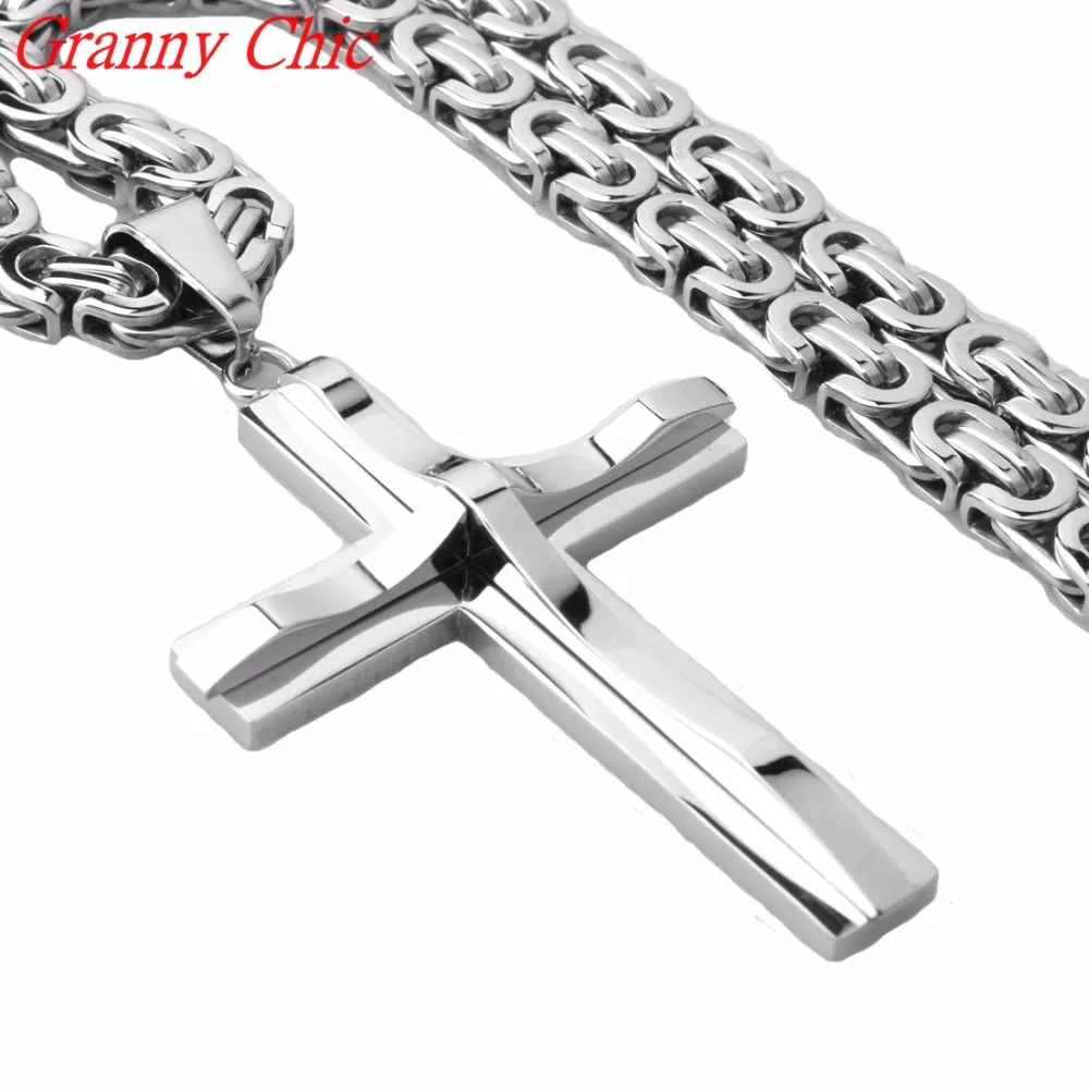 Granny Chic Fashion 316L Stainless Steel Cross Pendant Necklace Link Byzantine Chain Silver color Tone Necklaces for Men's