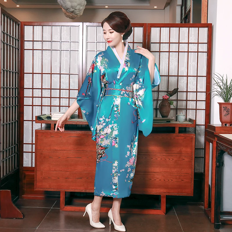 Trang Phục Hóa Trang Nữ Kimono Phong Cách Kiểu Nhật Yukata Với Obi Trang Phục Dạ Hội Hoa Xanh Quyến Rũ Áo Đầm Xếp Ly Áo Choàng Tắm