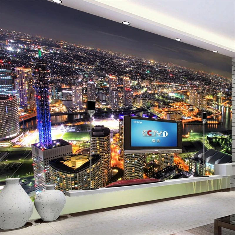 

wellyu Modern Broad City Aerial View Night View TV Sofa Wall Large Mural Green Wallpaper papel de parede 3d para sala