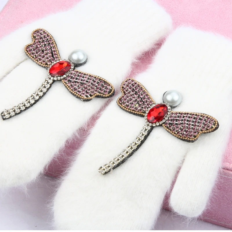 2018 women Gloves winter Crystal dragonfly Rabbit fur brand gloves for female double warm full finger Mittens Christmas gifts