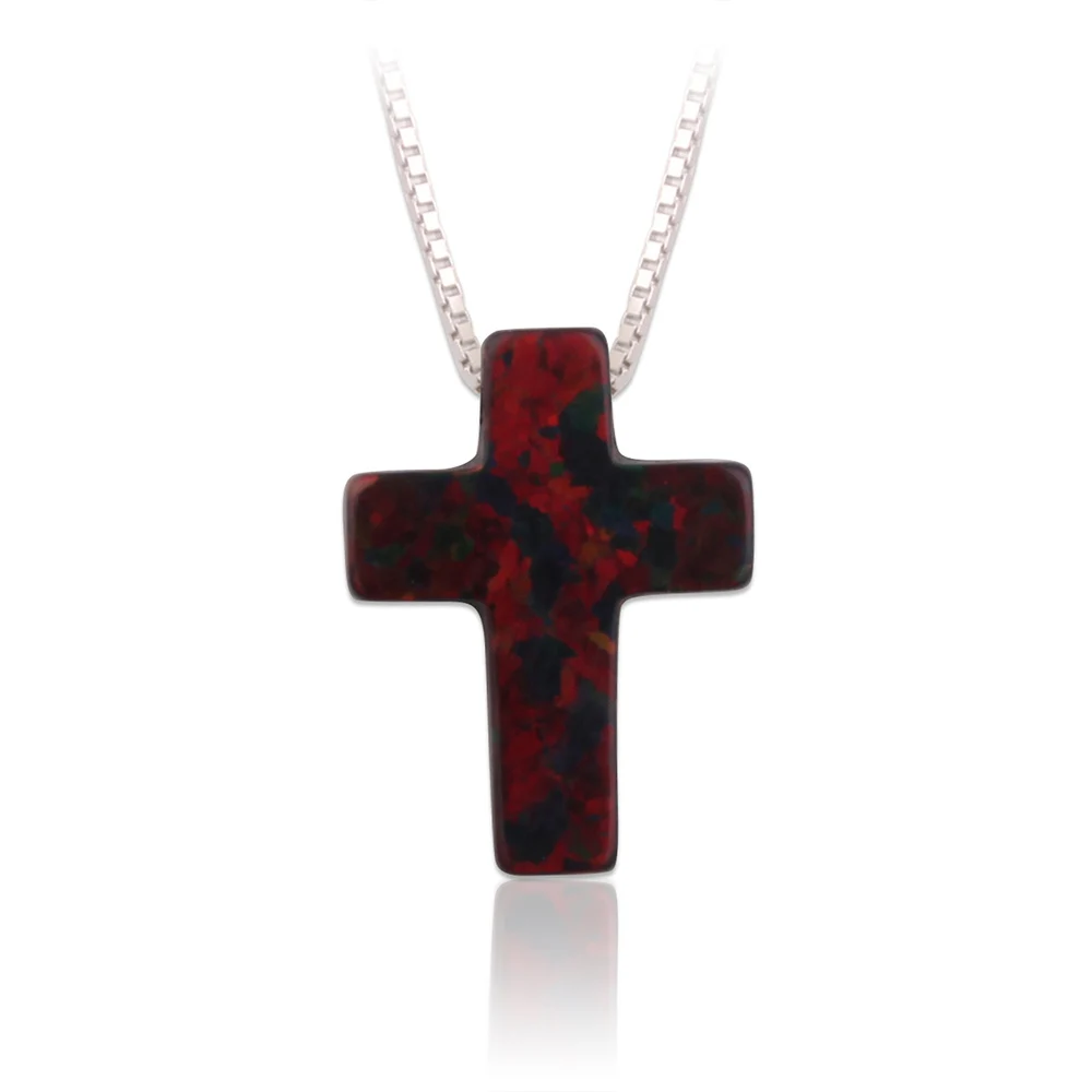 

Black Red Cross Stone 925 Silver Box Chain OP71 Opal Pendant Cross Necklace