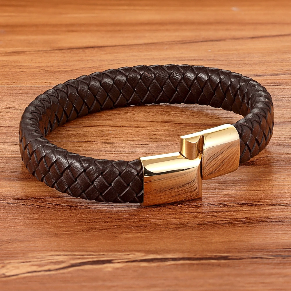 TYO Classic Top quality Stainless Steel Gold Color Magnetic Clasp Brown Woven Real Leather Bracelet Man Boys Birthday Gifts