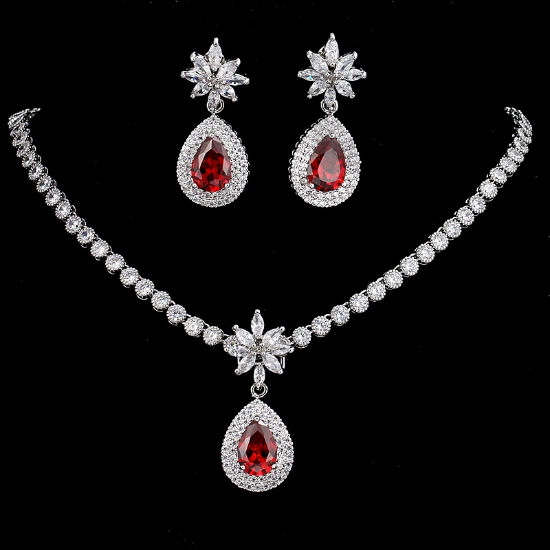 EMMAYA Luxurious CZ Stones High Quality Shiny Bride Jewelry Sets Blue Cz Necklace + Earrings