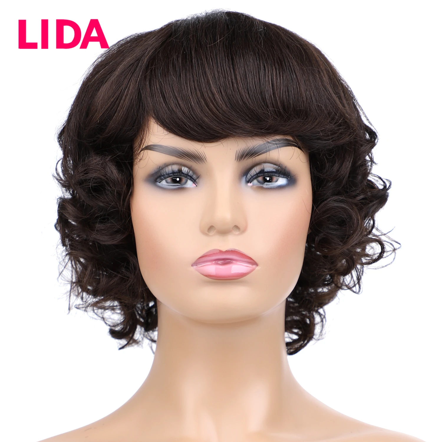 LIDA Curly Human Hair Wigs 100% Human Hair 8\'\' Malaysian Curly Human Hair Non Remy Women Wigs 150% Density Machine Made Wig