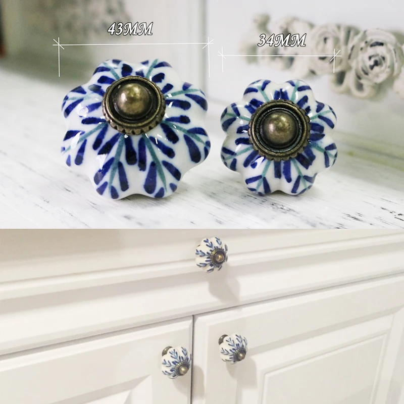 Blue and White Porcelain Ceramic Door Knobs for Kitchen Cabinets Cupboard Pulls Drawer Knobs European Furniture Handle Handware