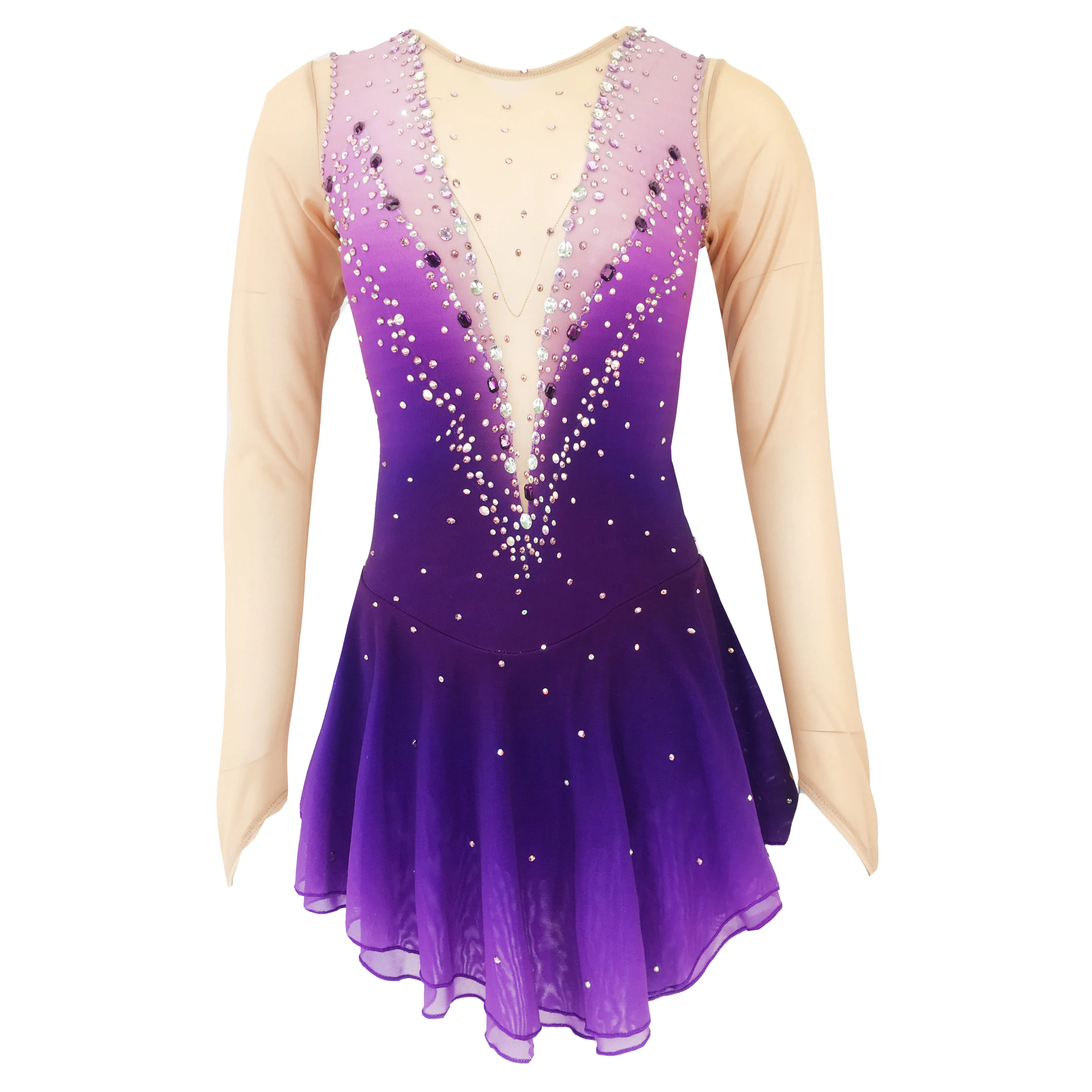 Purple Figure Skating Dress Fingerpoint Sleeves Ice Skating Skirt Long-Sleeved Spandex Skirt Competition Dresses