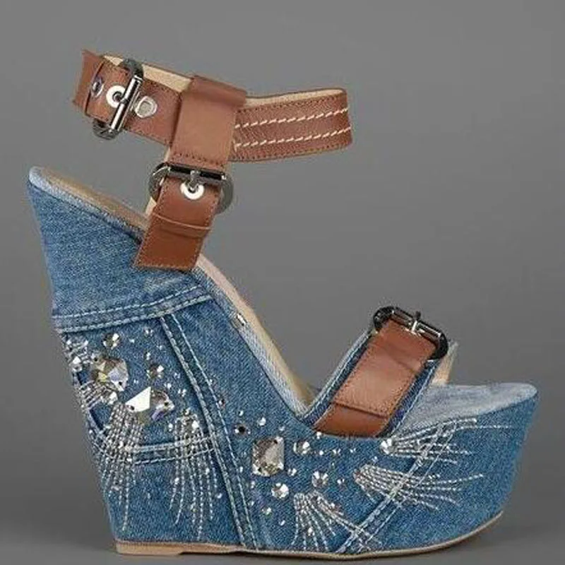 Summer Glitter Crystal Side Wedges High Heel Sandals Women Blue Denim Sandals Brown Leather Patched Buckles Ladies Shoes