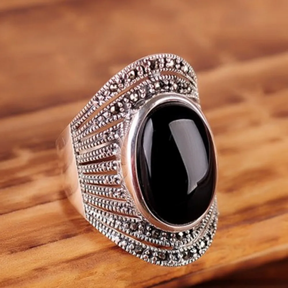 Jade Angel Vintage 925 Sterling Silver Ring Inlay Oval Black Onyx Green Chalcedony Women Marcasite Ring Fine Jewelry Gift