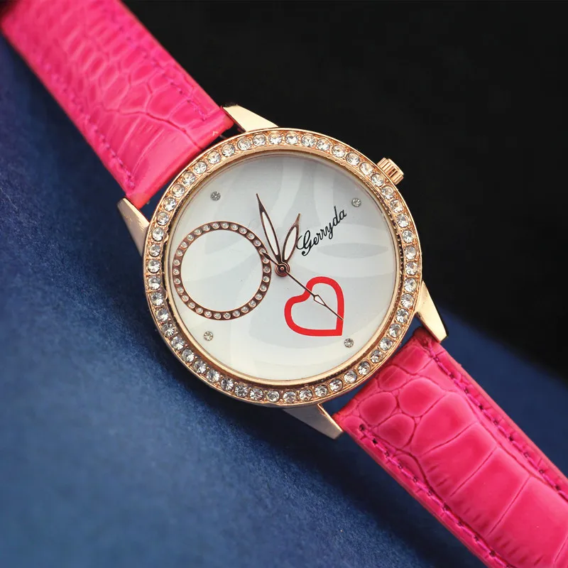 PVC leather band,gold plate alloy case with crystal circle,heart imprint dial,quartz movement,Gerryda fashion leather watches