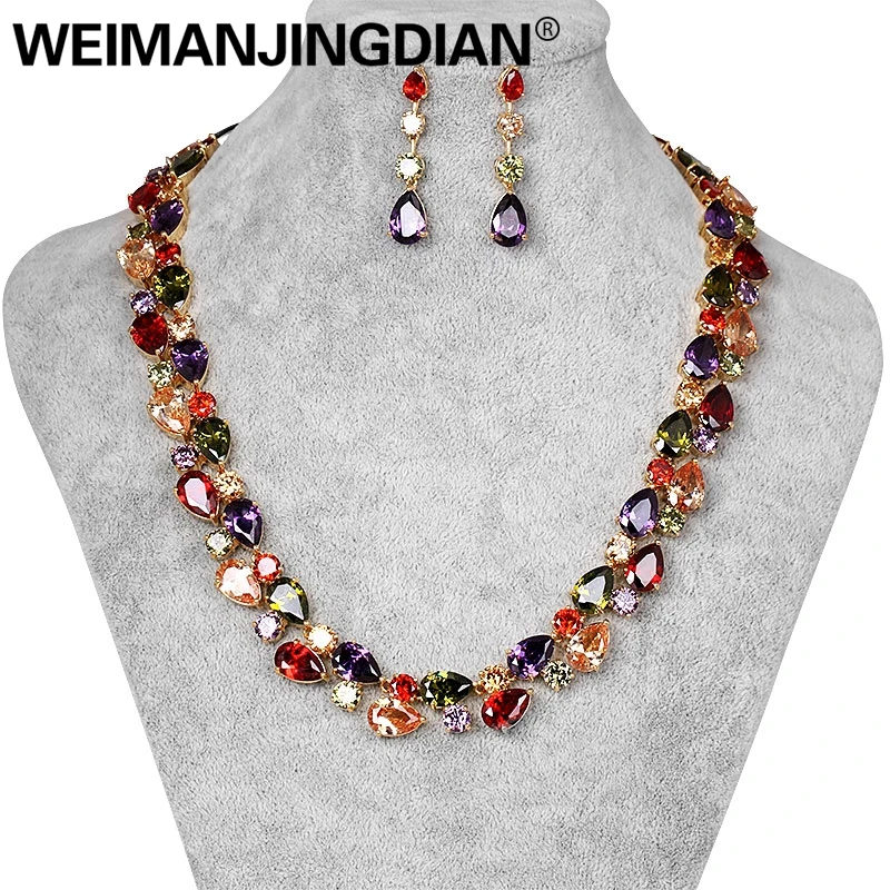 WEIMANJINGDIAN Brand Colorful Cubic Zirconia Crystal Mona Lisa Necklace Earring Luxury Wedding Bridal Jewelry Set Gold Plated