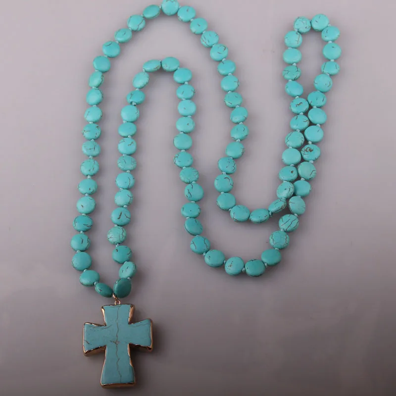 Fashion Bohemian Tribal Artisan Jewelry Flat TurquoiseStone Knotted Cross Necklace