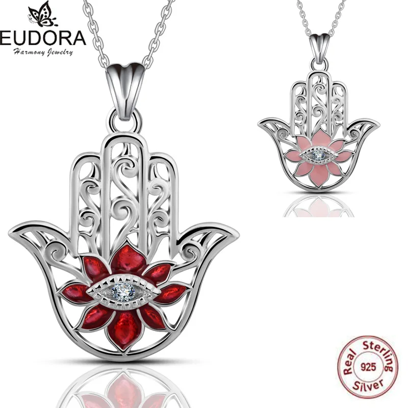 EUDORA 925 Sterling Argento Evil Eye Collane con pendente DELLA CZ della Mano di Hamsa Della Collana Del Pendente con la Catena Del Nastro 18 pollici Box regalo KSYD069