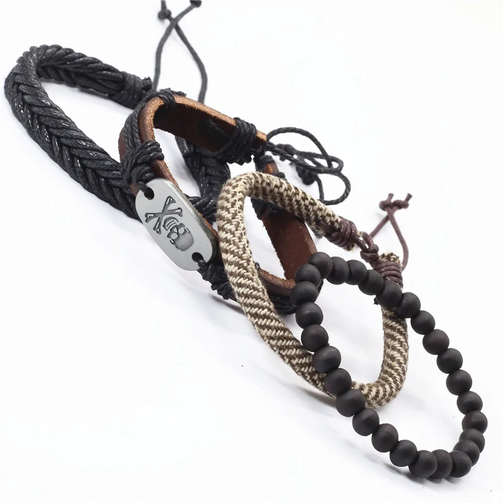 New Punk 4 pcs/set Vintage Multilayer Wood Beads Leaf Eye Feather Skull Head Charm Leather Men Bracelets Women Homme Jewelry