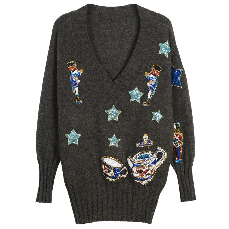 

Long Sleeve Luxury Brand Runway Sweater Women Elegant Star Teapot Pattern Soldier Sequins Embroidered Medium-long Pullovers Tops