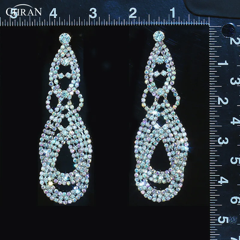 CHRAN Brand Ladies Jewelry Gifts Sparkling Rhinestone Silver Plated Circle Link Chandelier Dangle Exaggerated Earrings for Women