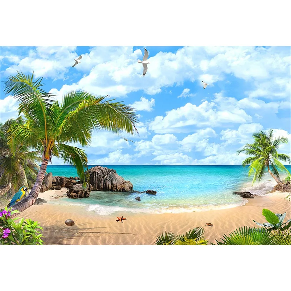 

Seaside Scenic Photography Backdrop Palm Trees Blue Sky Seagull Summer Holiday Beach Themed Wedding Party Photo Booth Background