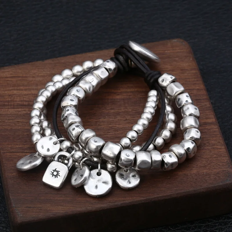 

Wholesale S999 Sterling Silver Retro Thai Silver Old Creative Preparation Multilayer Leather Rope Men And Women Bracelet Homme