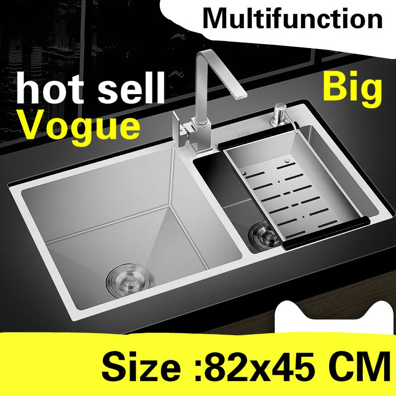 

Free shipping Apartment big kitchen manual sink double groove multifunction 304 stainless steel hot sell 820x450 MM