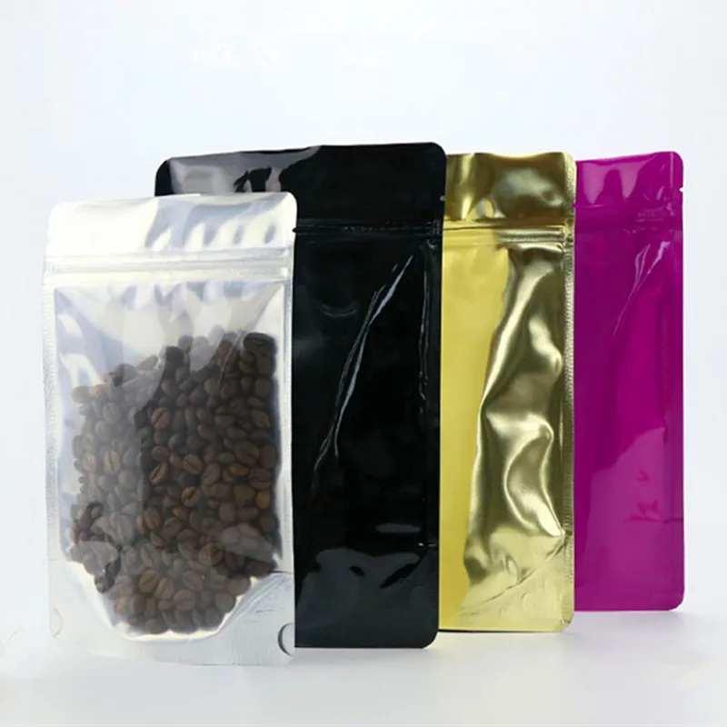 

Wholesale 50pcs/lot One Side Clear Stand up Aluminum Foil Ziplock Bag Glossy Black/Gold/Silver Coffee Storage Packaging Bags