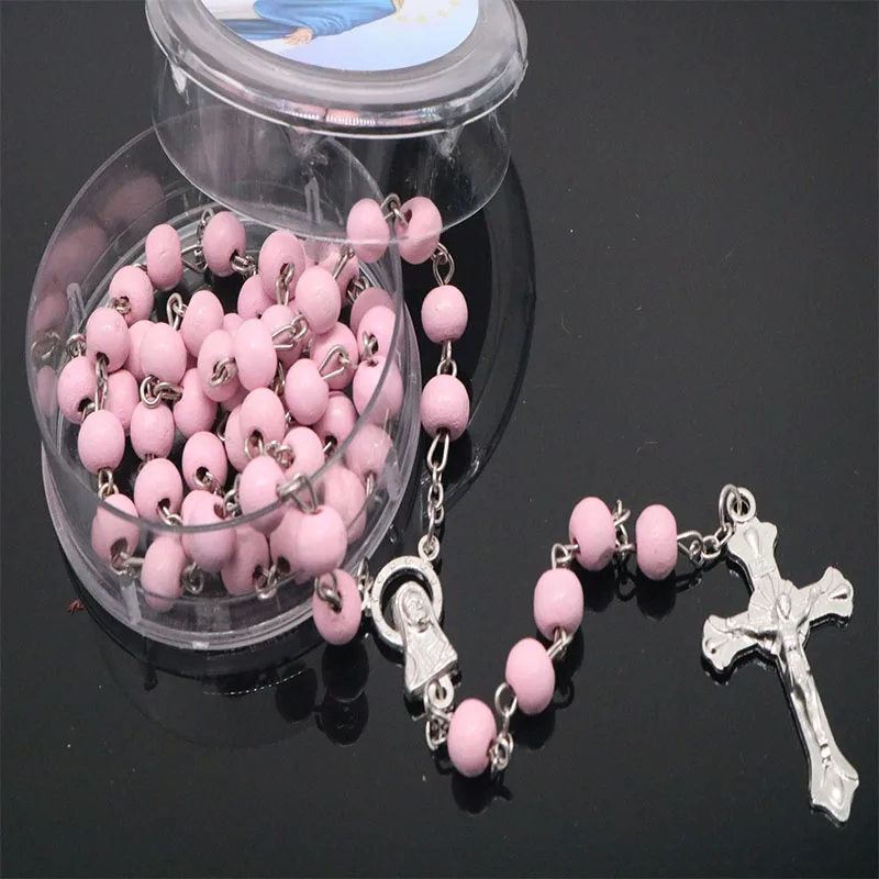 Classic 6mm scented wooden beads, rosary necklace round box packaging. Stylish Christian Rose Bead Necklace. Picture random