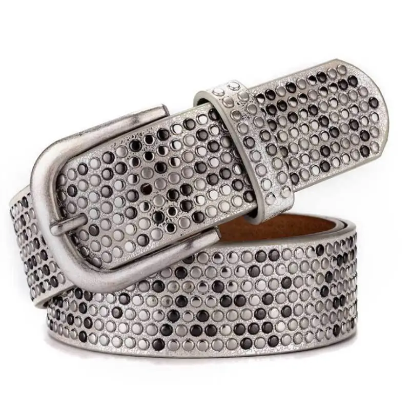 BOKADIAO Women Belt Punk Pin Buckle Vintage Geometry Rivets Luxury Lady's Original Leather Belts For Woman Waistband Female Belt