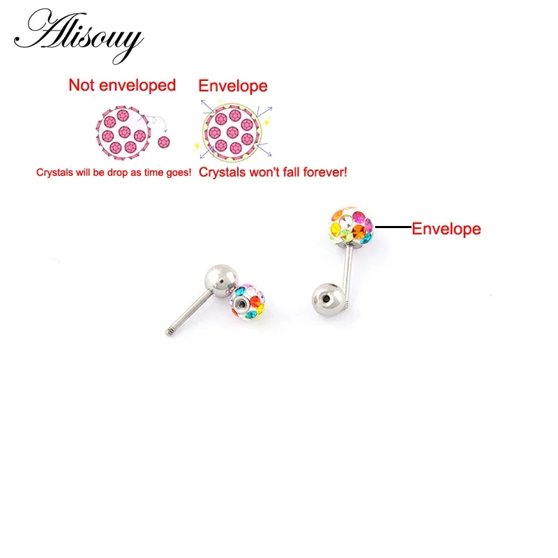 Alisouy 2pcs/lot 3/4/5/6mm 316L Stainless Steel Epoxy Crystal Threaded Ball Body Piercing Jewelry 20GLip Labret Eyebrow Ear Ring