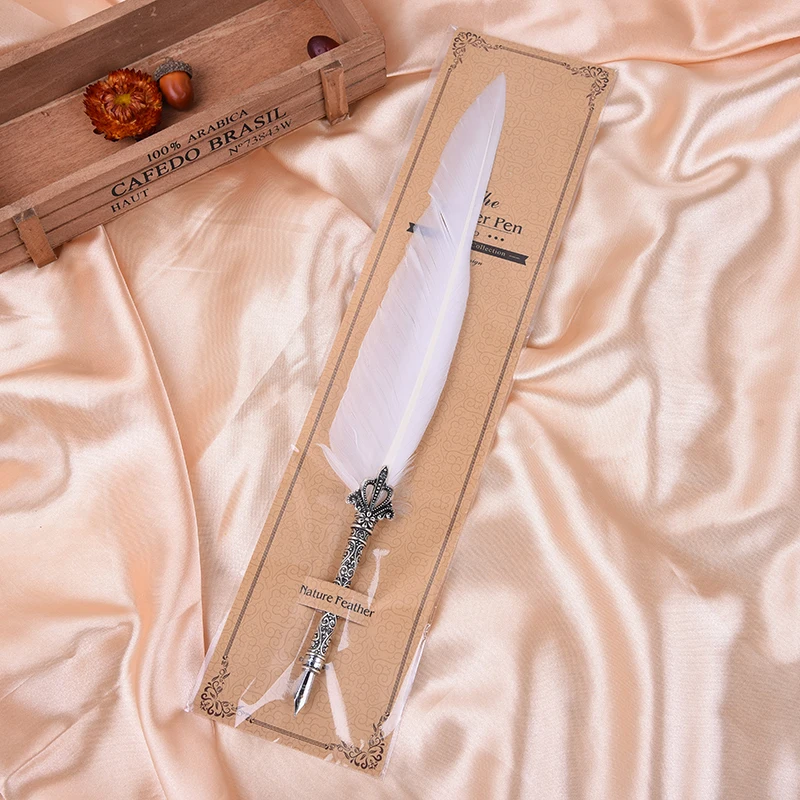 European retro long goose feather dipped feather pen set silver pen, beautiful shape Christmas Valentine's Day gift