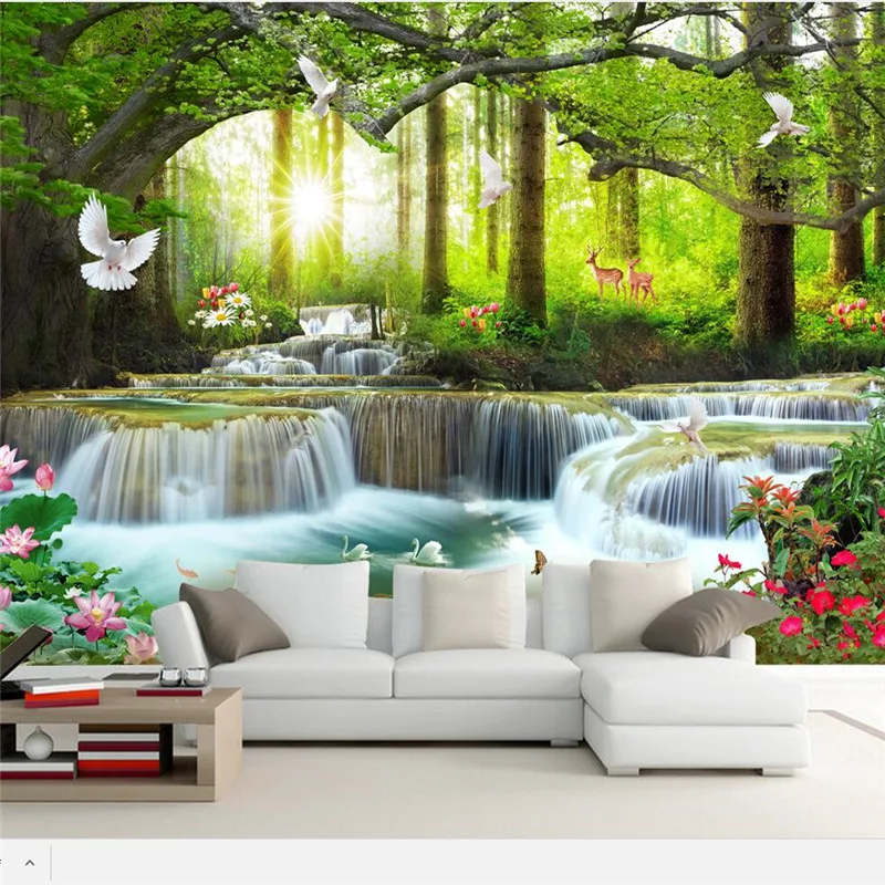 

wellyu Custom wallpaper 3d Photo murals Simple Leisure Green Tree Forest Waterfall Landscape Tooling Wallpaper papel de parede