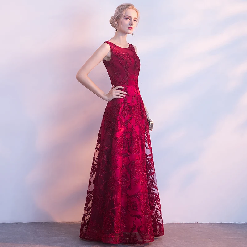 weiyin New 2023 Evening Dress Elegant Banquet Wine Red Lace Sleeveless Floor-length Long Party Formal Gown Robe De Soiree WY1522