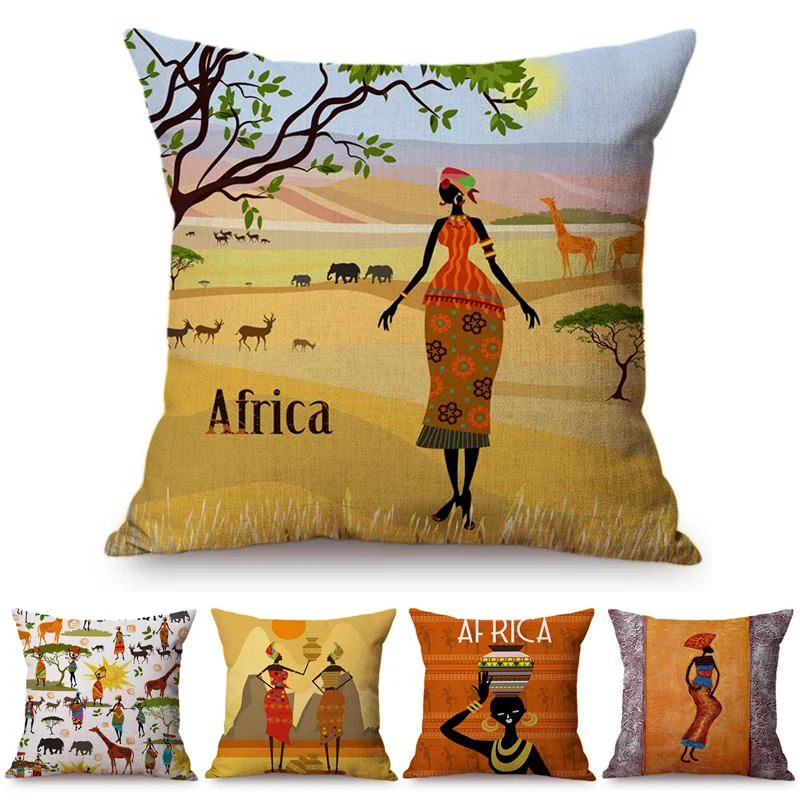 

African Woman African Art Dancing Lady Impression Exotic Decoration Style Sofa Throw Pillow Cases Cotton Linen Cushion Cover