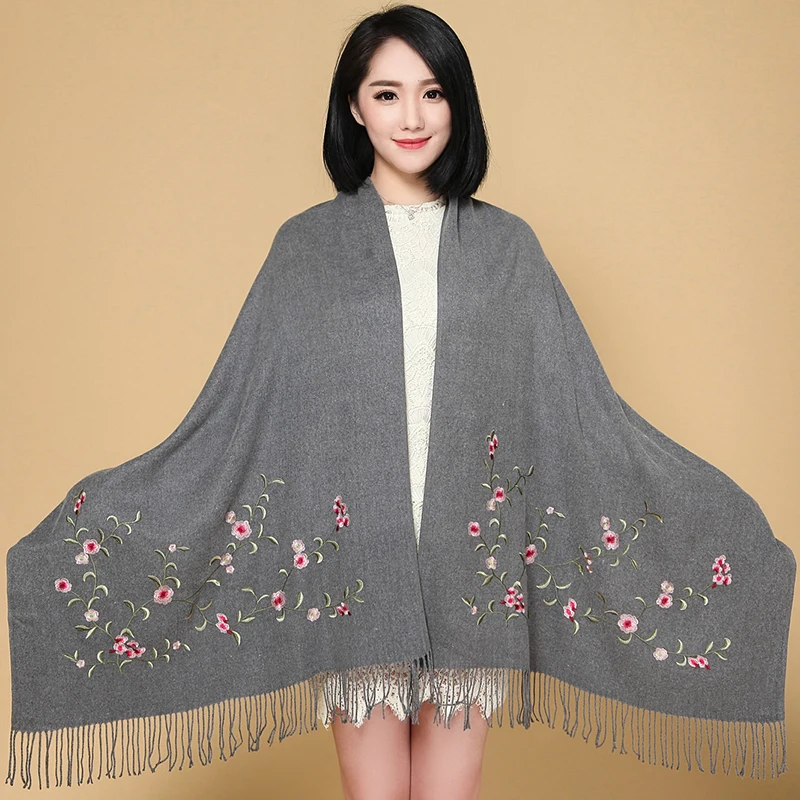 Hot Sale Gray Embroider Flower Scarf Ladies Winter Thickening Warm Tassels Shawl Soft Pashmina Cashmere Shawl for Women