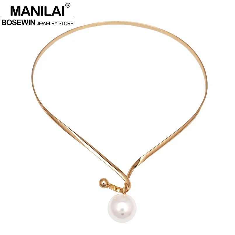 MANILAI Simple Alloy Torques Choker Simulated Pearl Pendants Necklaces For Women Statement Collar Necklace Fashion Trend Jewelry