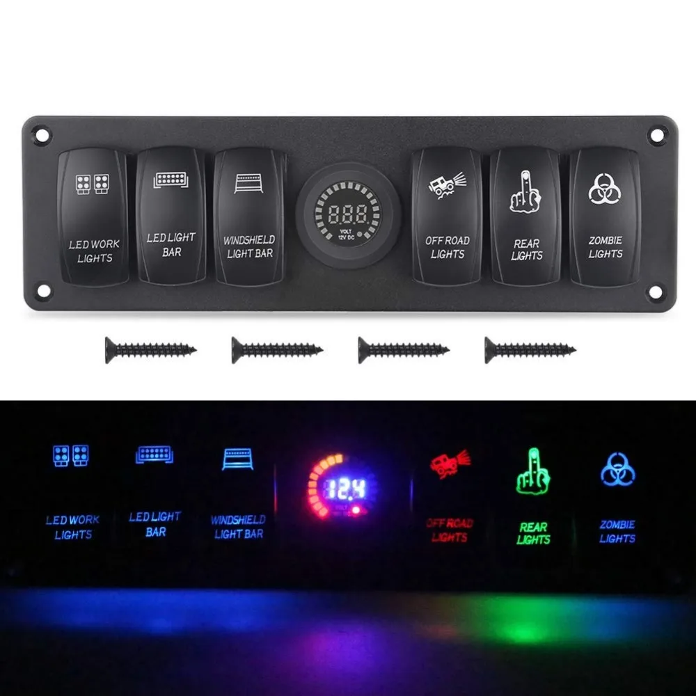 Panel de interruptor basculante de encendido marino de 6 entradas, resistente al agua, con voltímetro Digital LED de 12V, colorido, para RV, coche, barco, vehículo